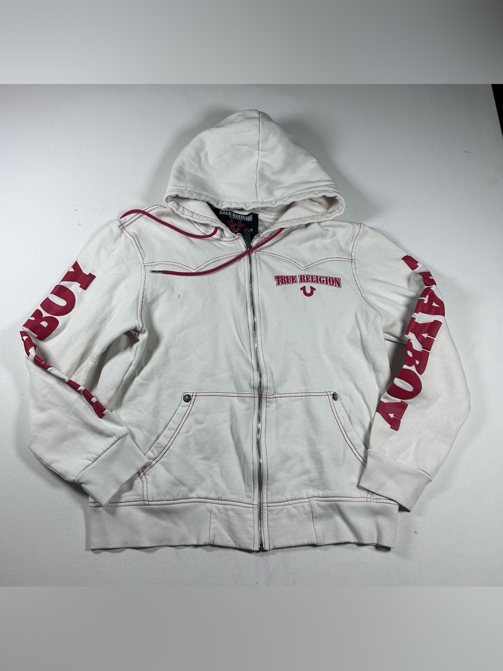 True Religion World Tour Full Zip Hoodie Size Large Playboy Distressed